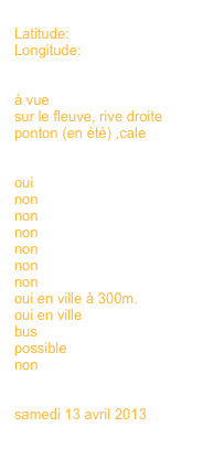 
Latitude:
Longitude:


à vue
sur le fleuve, rive droite
ponton (en été) ,cale


oui 
non
non
non
non
non
non
oui en ville à 300m.
oui en ville
bus
possible
non
non

samedi 13 avril 2013
